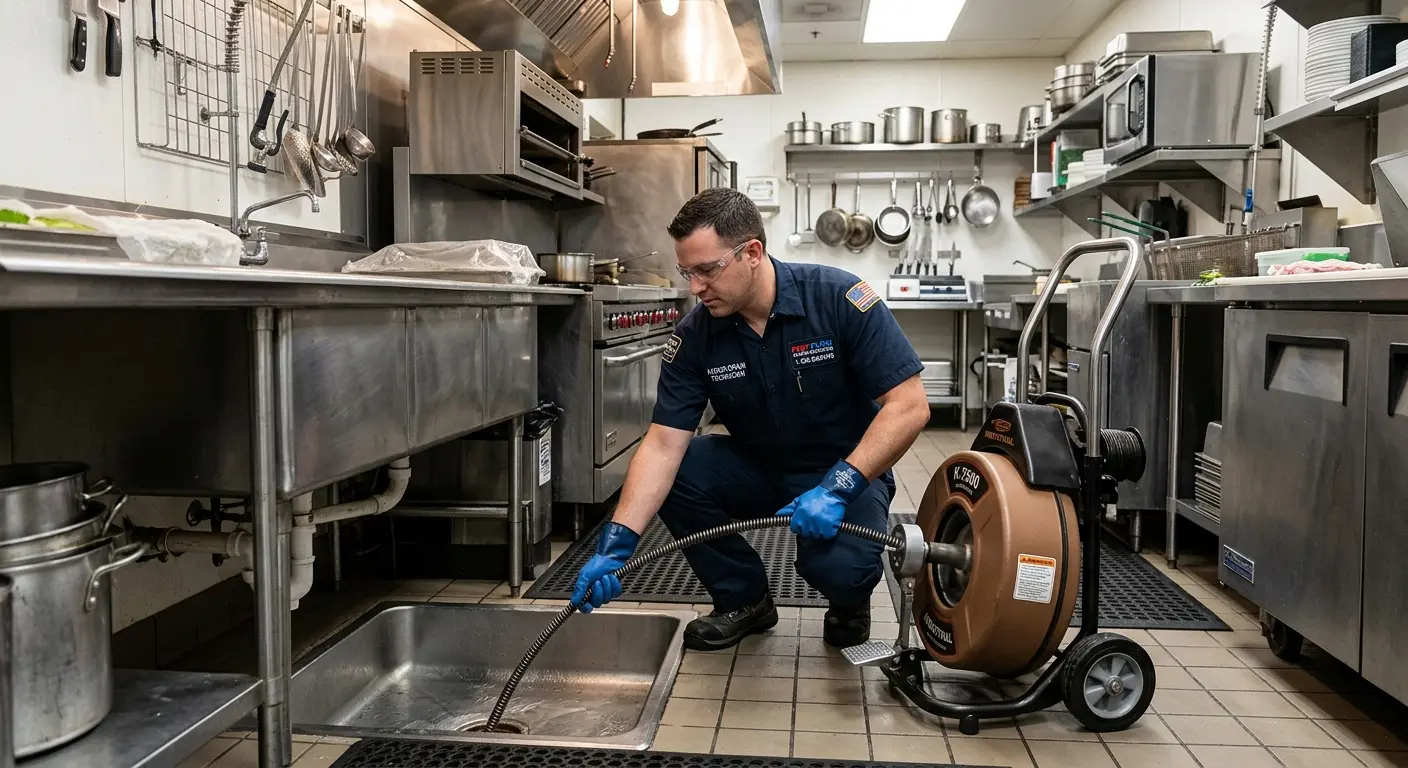 Commercial drain cleaning service in a restaurant kitchen in Fort Bliss