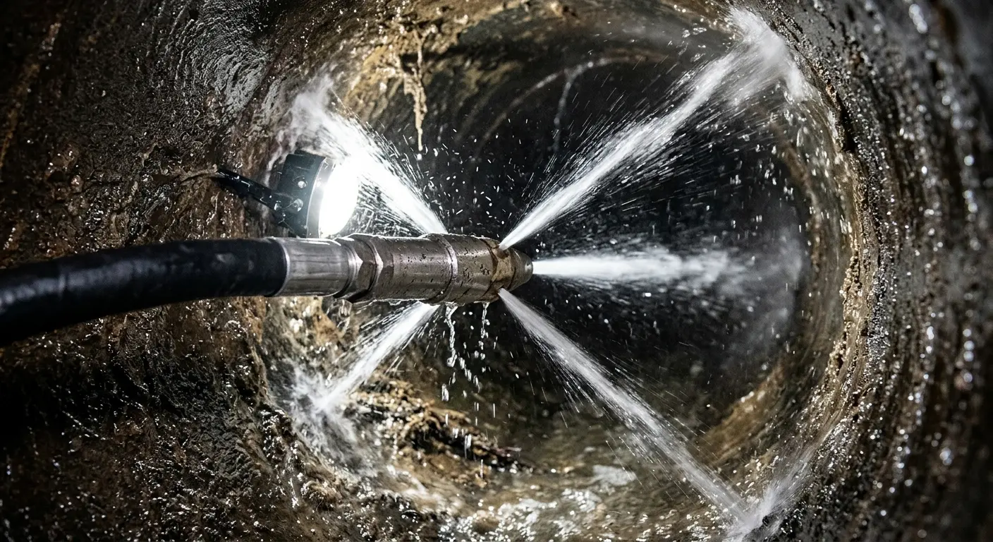 High-pressure hydro jetting nozzle cleaning sewer pipe for Emergency Drain Service in Fort Bliss