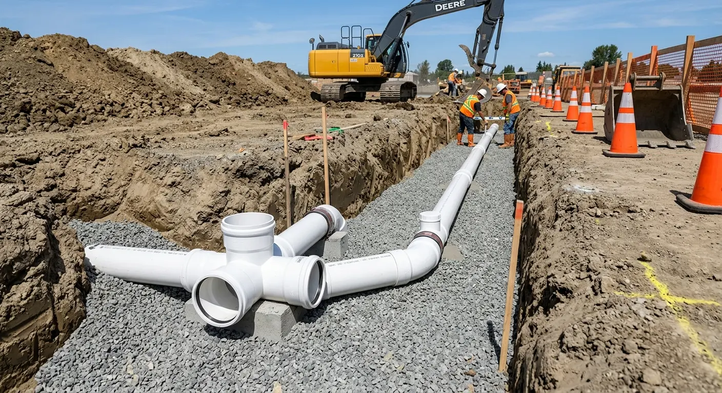 New PVC sewer pipe installation in open trench for Commercial Drain Cleaning in Fort Bliss