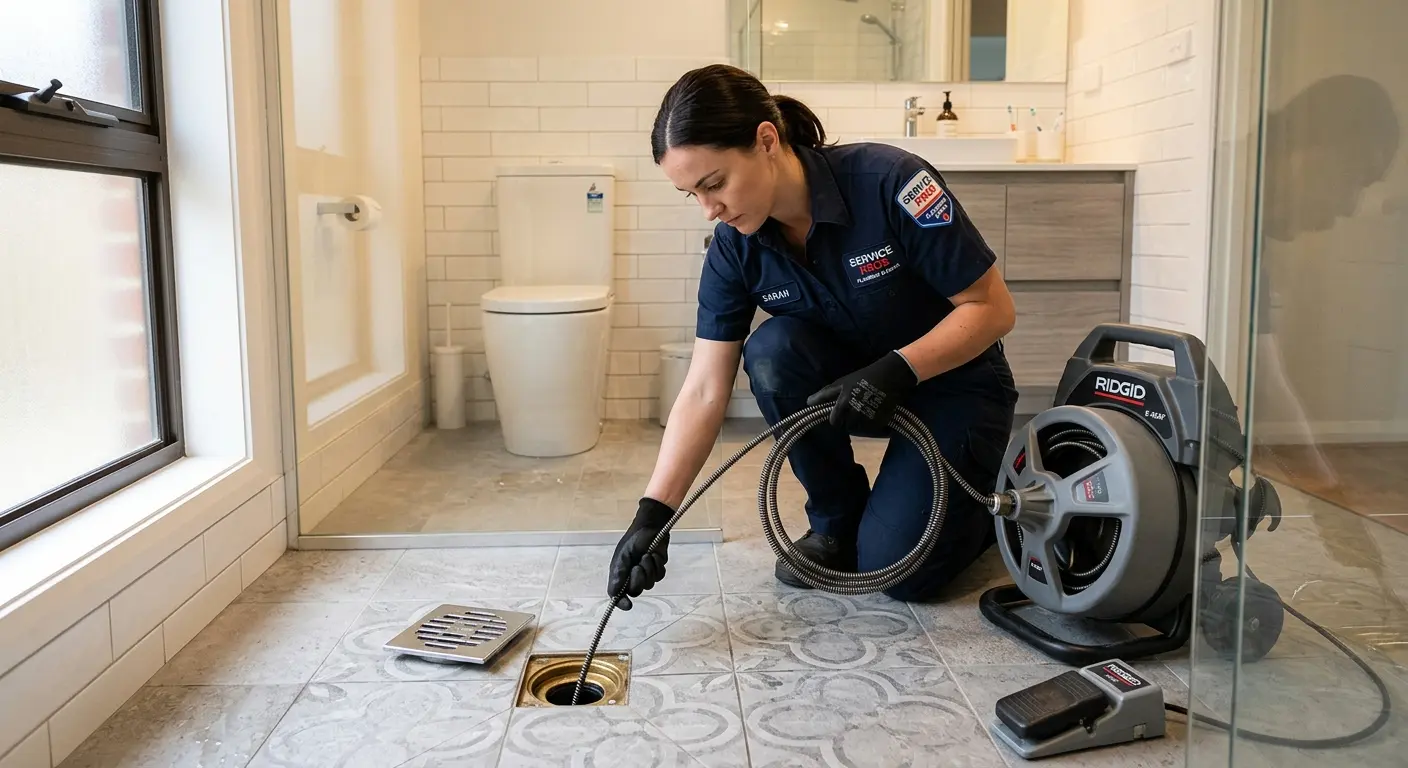 Technician clearing a bathroom floor drain for Hydro Jetting in Fort Bliss
